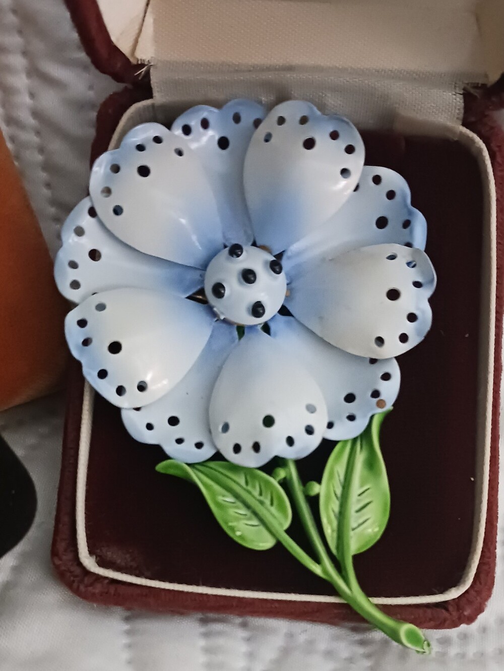Hedy Flower Vintage  Brooch Blue Pierced Polka Dot